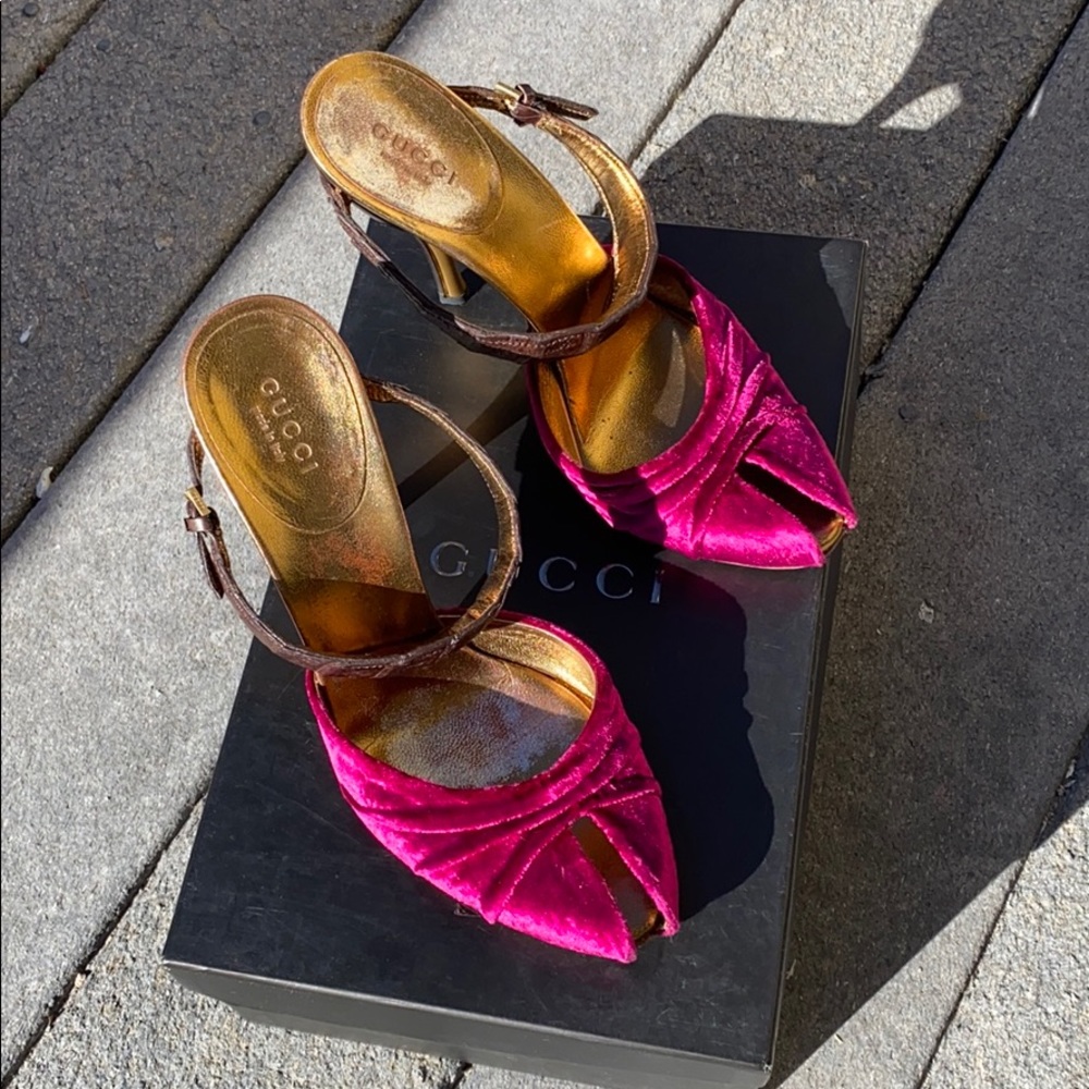 Gucci Shoes- bright pink velvet peep toe pump
